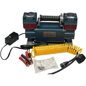 BOSS Heavy Duty Portable Air Compressor, Dual Cylinder, Navy Blue and Red, with Coiled Air Hose, Battery