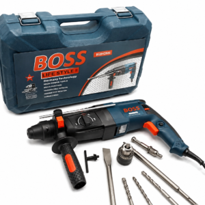 BOSS Professional Hammer Drill Machine Kit – Heavy Duty Power Tool Set The  rotary hammer drill kit is built with advanced Germany technology for high performance and long-lasting durability. It features multi-function modes including hammer drill rotation, hammer stop, and variable speed control for precision work. The ergonomic design ensures a comfortable grip, while the included accessories—such as drill bits, chisels, and extension rods—make it suitable for concrete, wood, and metal tasks. Delivered in a sturdy carrying case, this complete kit is perfect for professionals and DIY users alike.