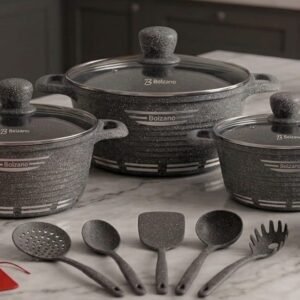 Bolzano Lorenzo Granite Cookware Set - 17 Pieces | Non-Stick Scratch-Resistant Elegant Cooking Pots & Pans Set with Lids and Kitchen Utensils