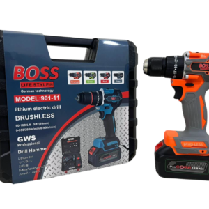 BOSS 901-11  Brushless Cordless Drill 118VF – Professional Lithium Electric Drill Hammer Kit with High Torque, Battery, Charger & Accessories (GWS Series, German Technology)